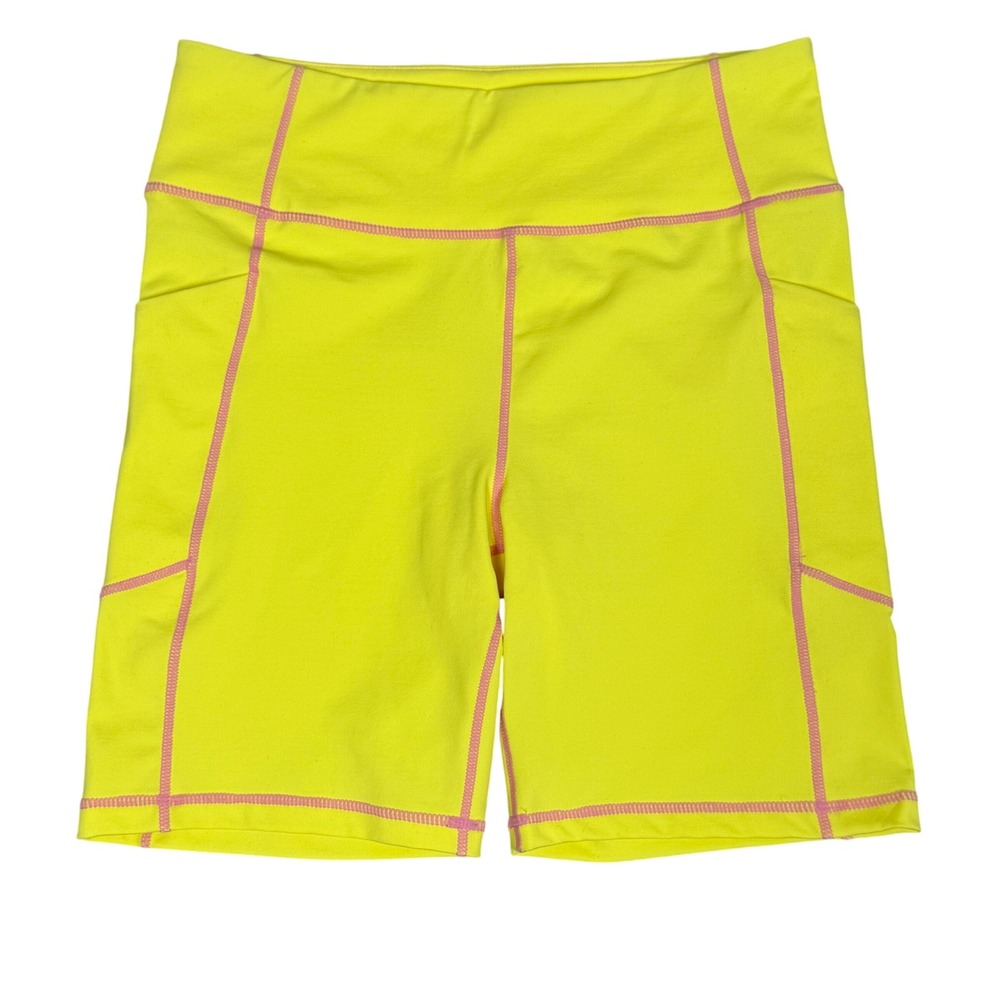 Tuckernuck Womens Neon Yellow Pink Stitch Biker Shorts Medium Athletic Yoga